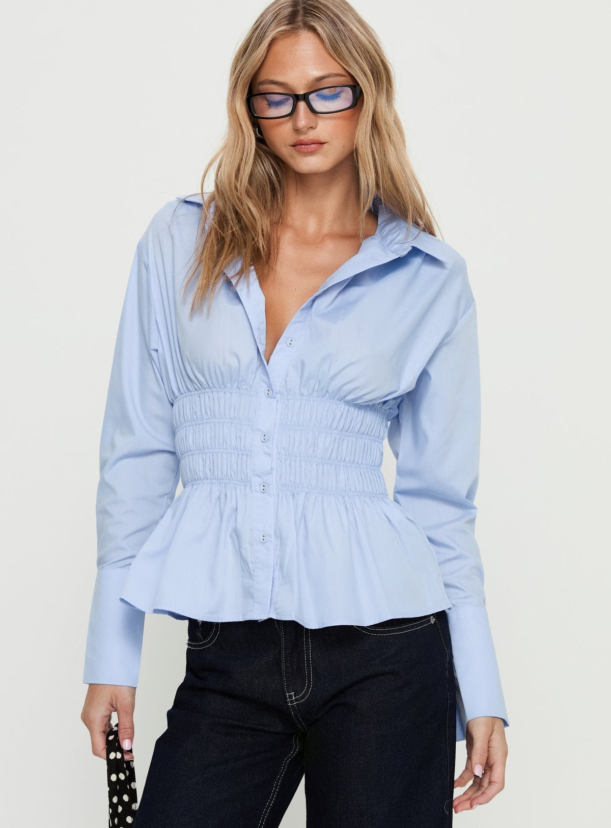 As You Are Shirred Button Up Top Soft Blue