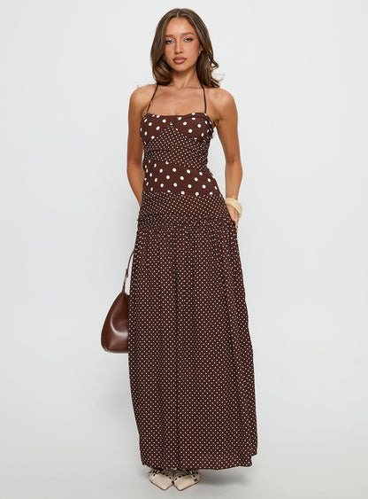 Marguerite Halter Maxi Dress Brown Polka Dot