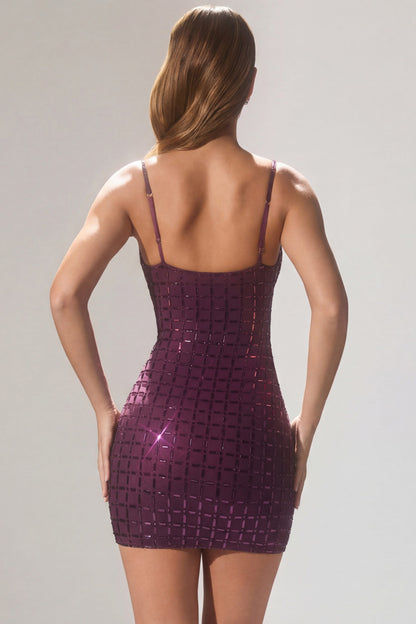 Embellished Plunge Semi-Sheer Mini Dress in Deep Purple