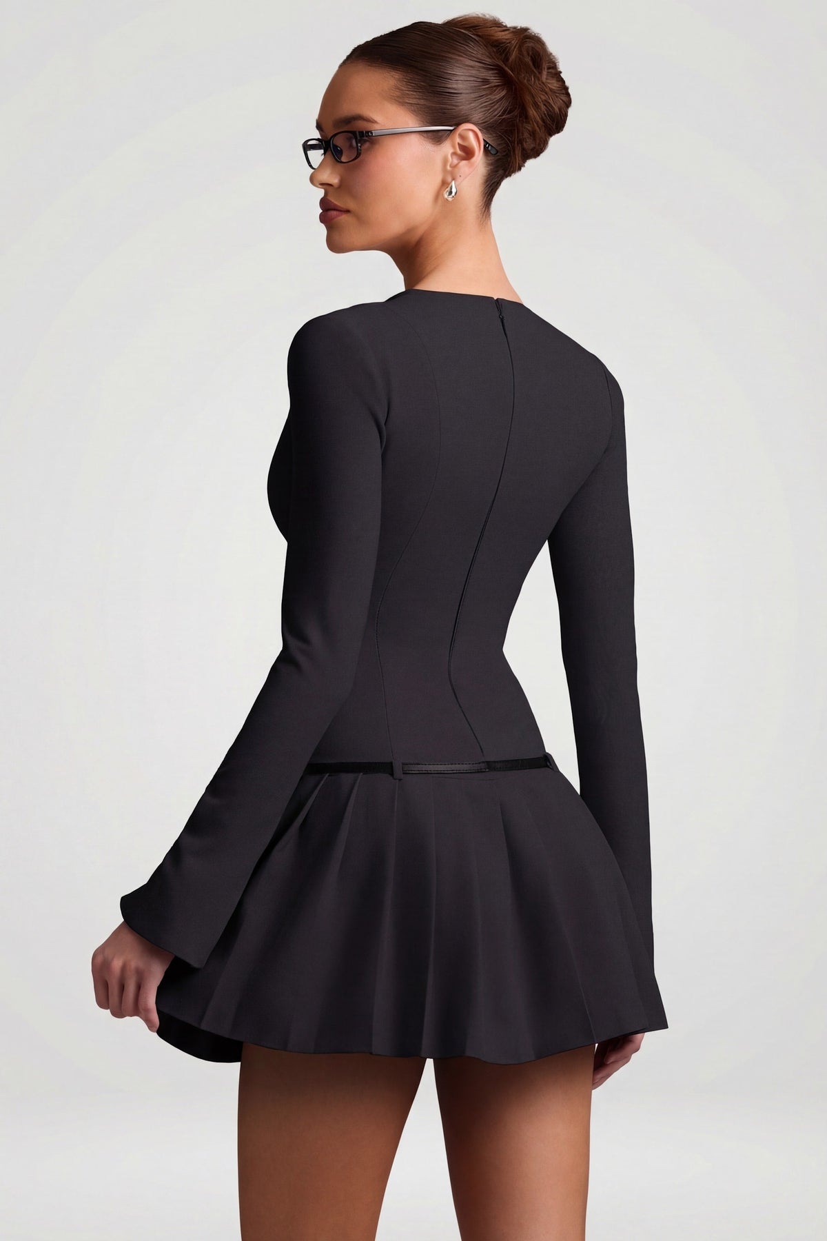 Long-Sleeve Pleated Mini Dress in Black