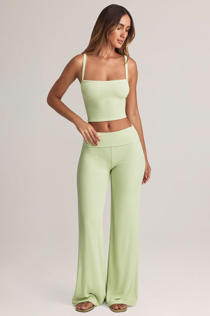 Modal Foldover Wide-Leg Trousers in Sage Green