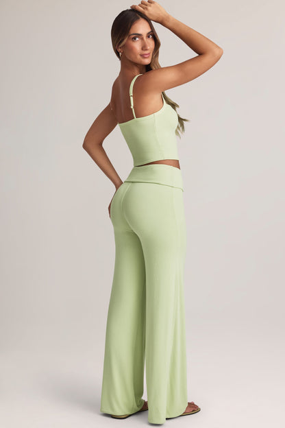 Modal Foldover Wide-Leg Trousers in Sage Green