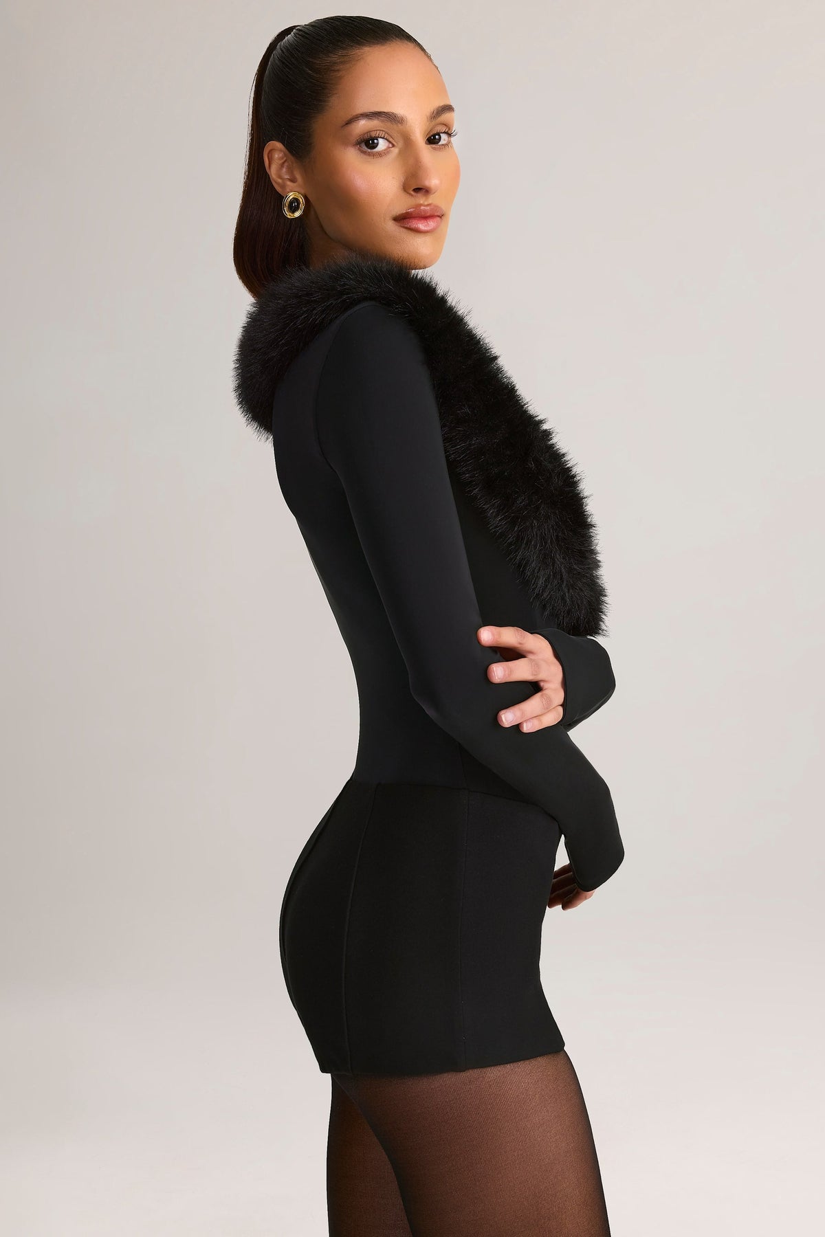 Faux Fur-Trim Corset Playsuit in Black
