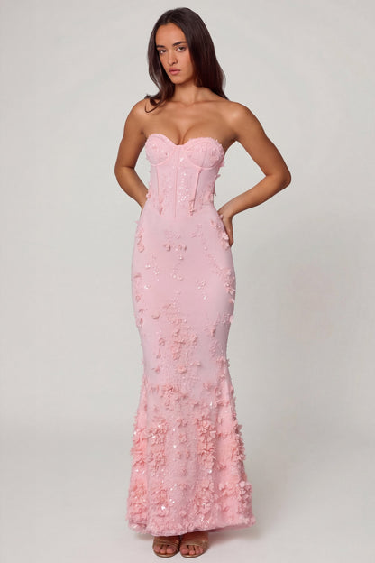 Lace-Up Corset Maxi Dress in Soft Pink