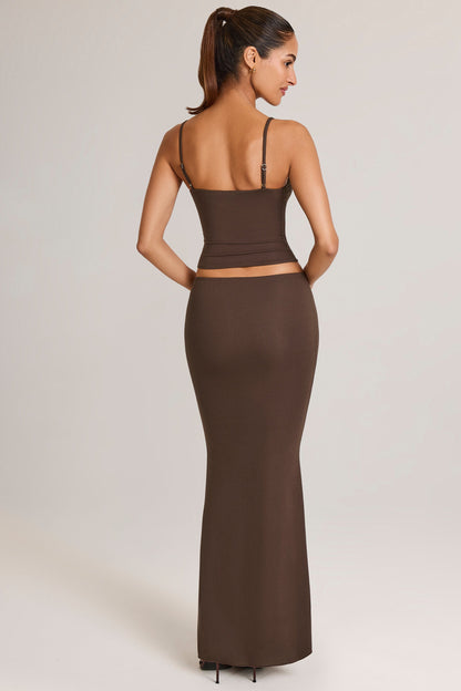 Modal Mid-Rise Fishtail Maxi Skirt in Chocolate Brown