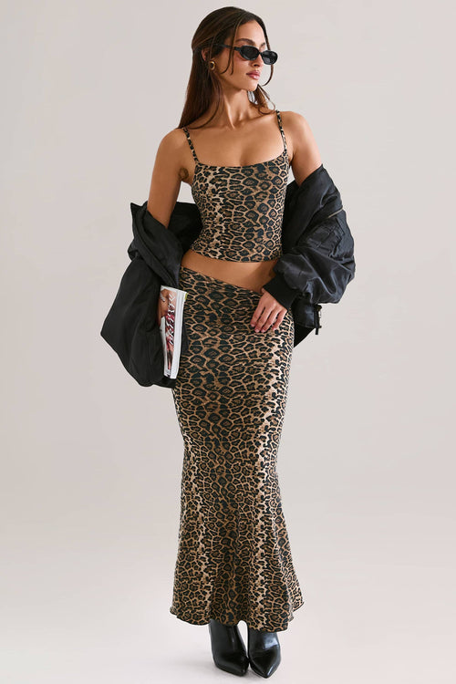 Modal Mid-Rise Fishtail Maxi Skirt in Leopard Print