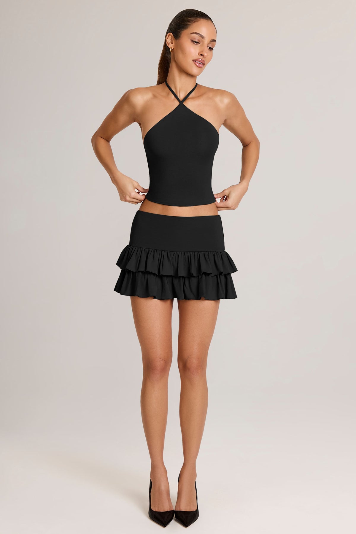 Modal Ruffle Mid-Rise Mini Skort in Black