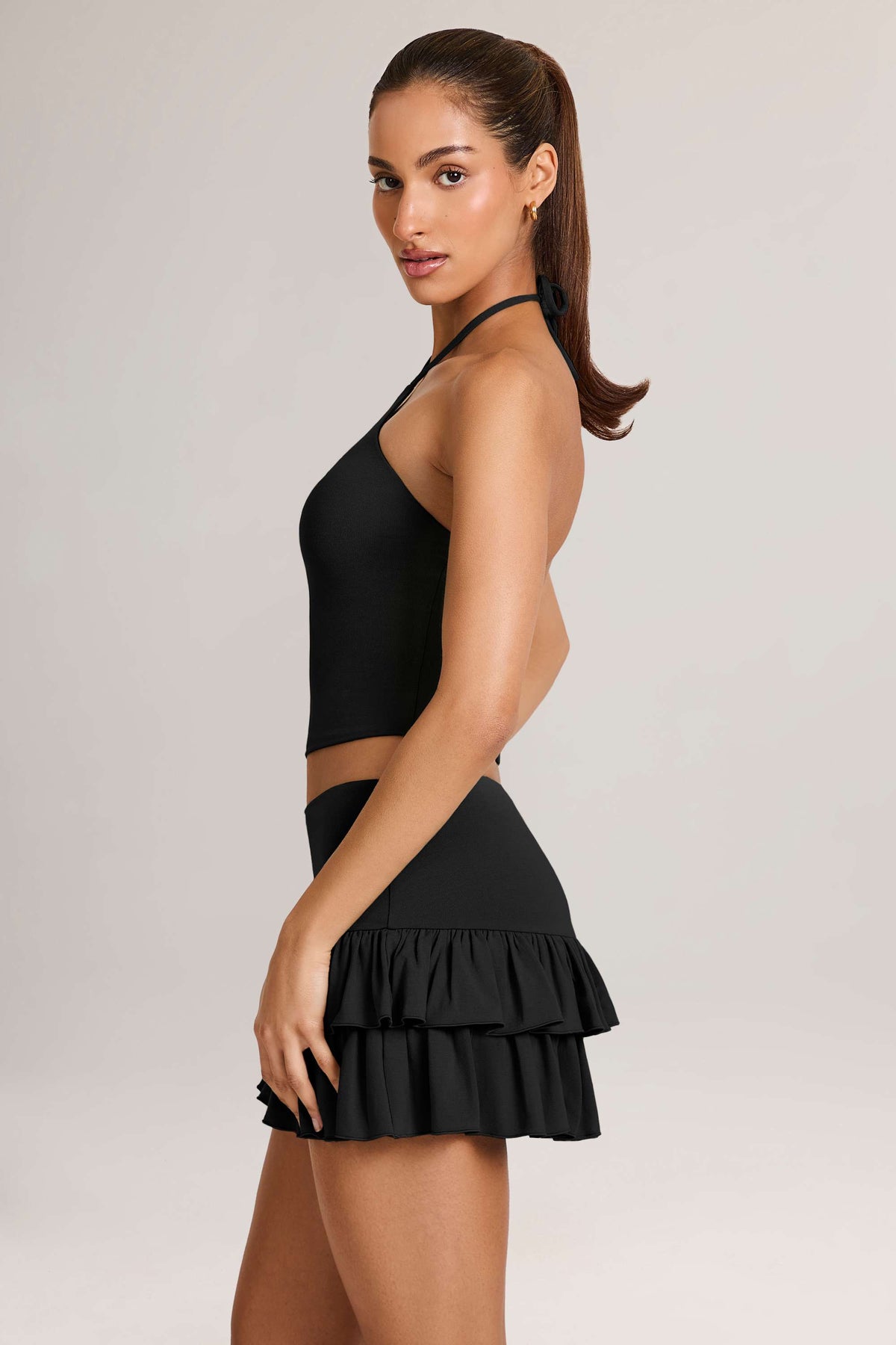 Modal Ruffle Mid-Rise Mini Skort in Black