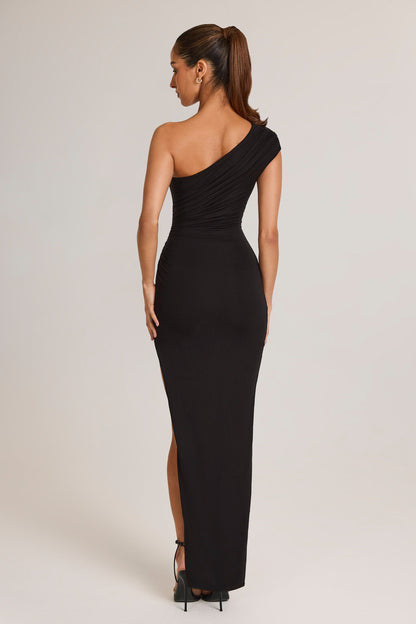 Modal Asymmetric Ruched Maxi Dress in Black