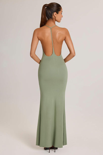 Modal Plunge Backless Maxi Dress in Sage Green