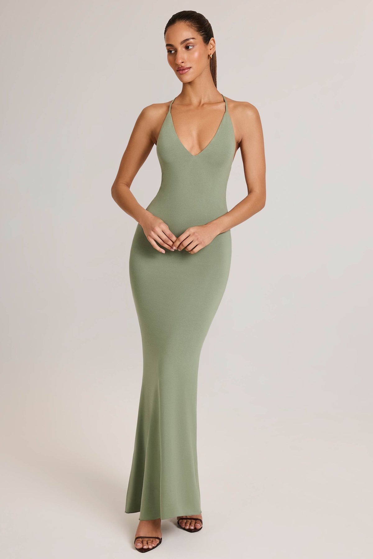 Modal Plunge Backless Maxi Dress in Sage Green