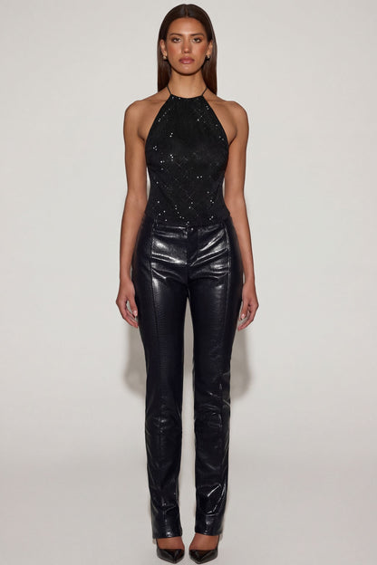 Faux Croc-Leather Straight-Leg Trousers in Black