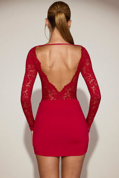 Sheer Lace Boat-Neck Mini Dress in True Red