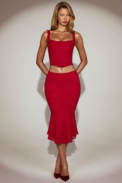 Lace Mid-Rise Fluted Midi Skirt in True Red