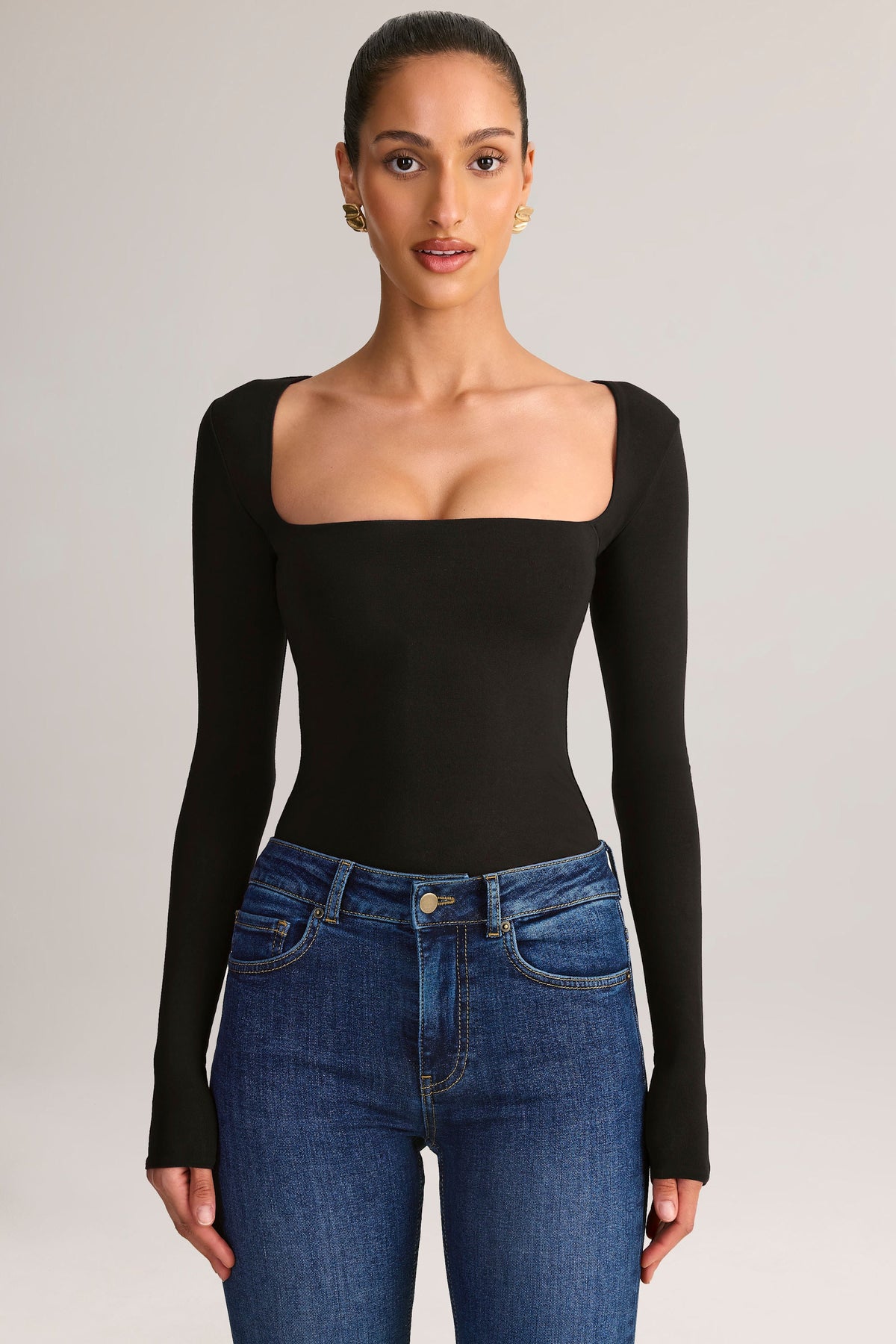 Modal Square-Neck Long-Sleeve Top in Black