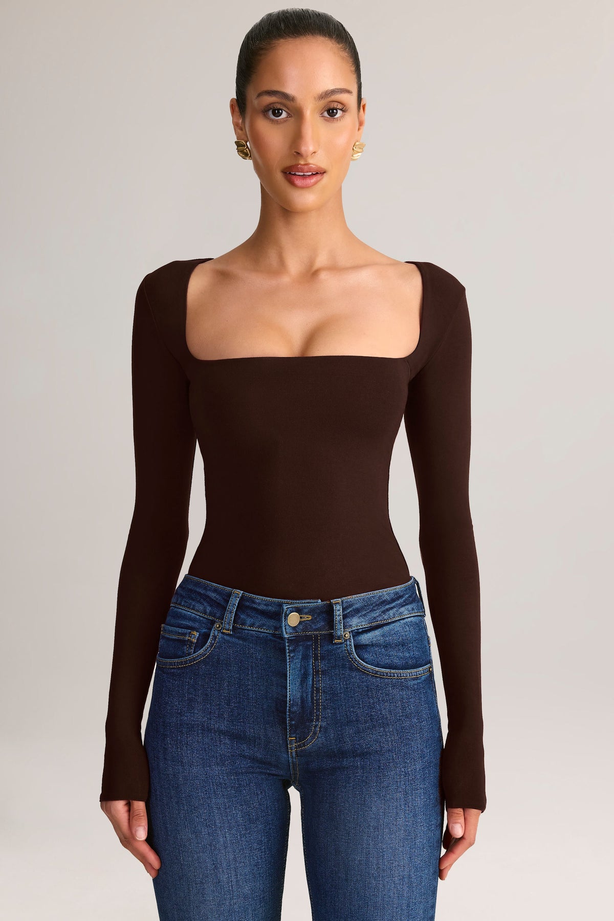 Modal Square-Neck Long-Sleeve Top in Chocolate Brown