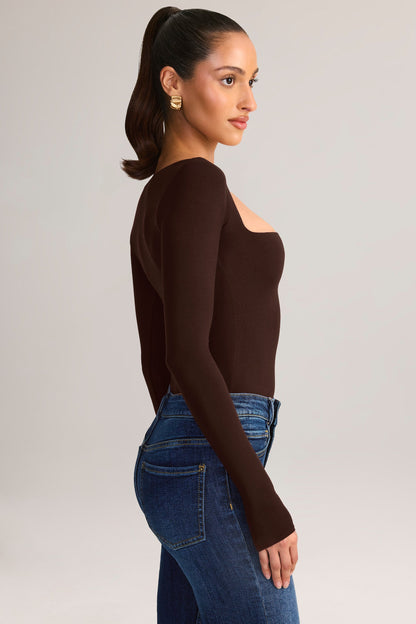 Modal Square-Neck Long-Sleeve Top in Chocolate Brown
