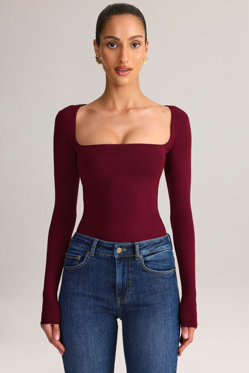 Modal Square-Neck Long-Sleeve Top in Wine