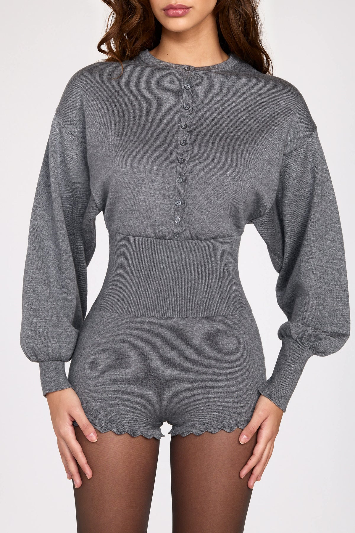 Fine-Knit Long-Sleeve Romper in Grey