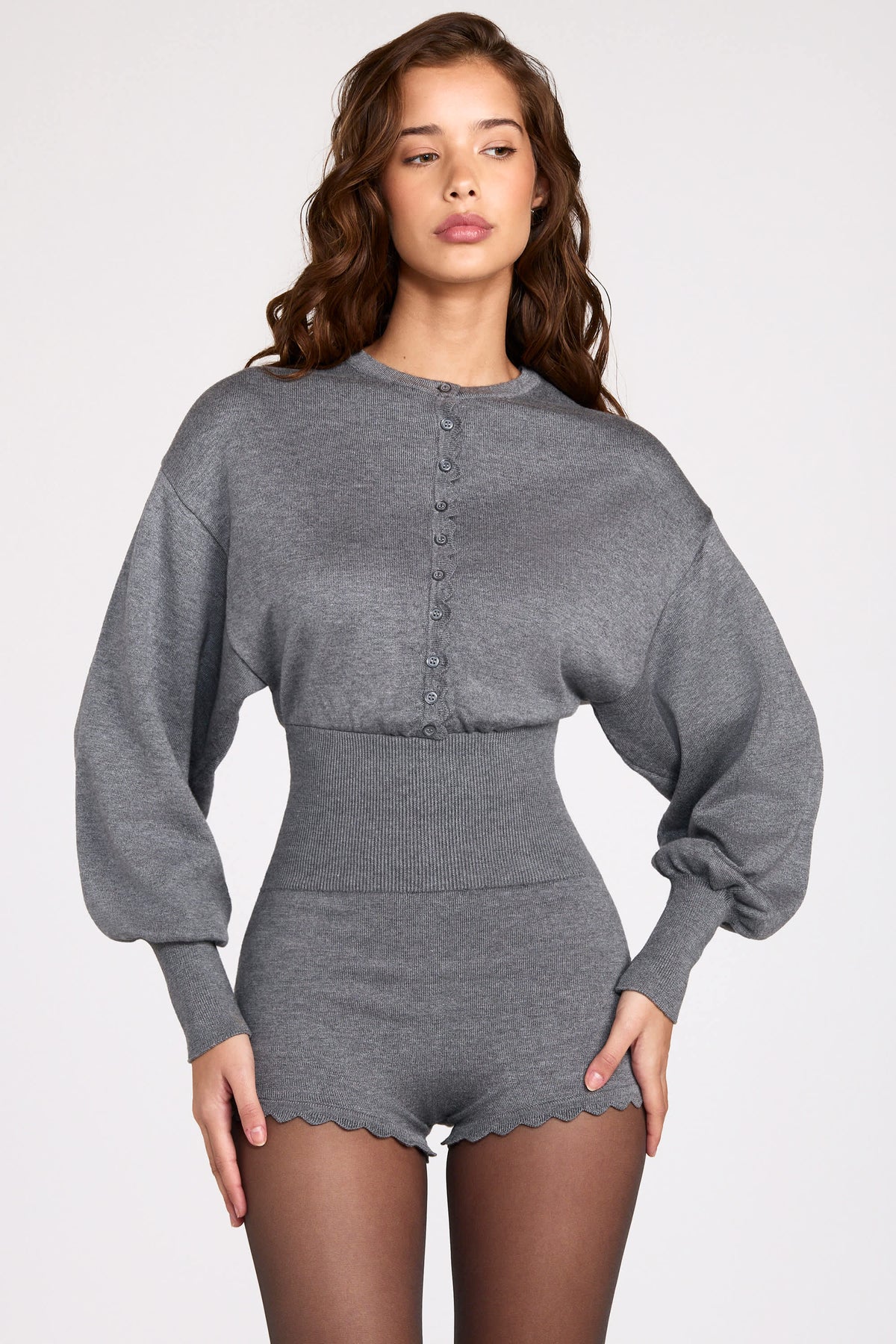 Fine-Knit Long-Sleeve Romper in Grey