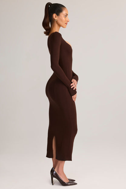 Modal Peekaboo Long-Sleeve Midi Dress in Chocolate Brown