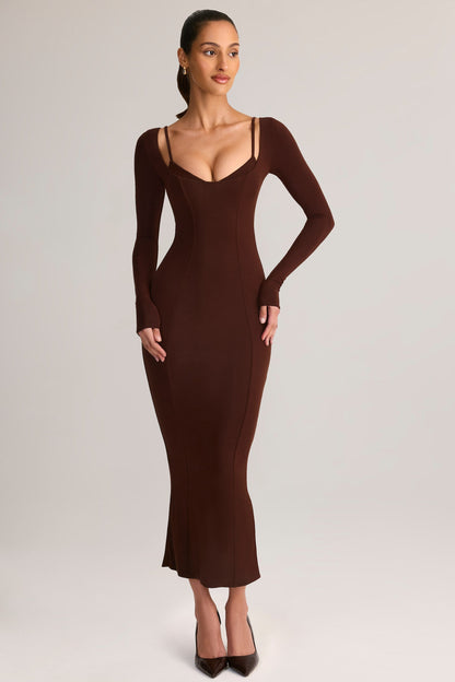 Modal Peekaboo Long-Sleeve Midi Dress in Chocolate Brown