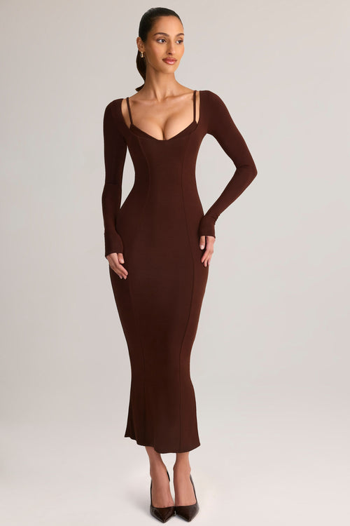 Modal Peekaboo Long-Sleeve Midi Dress in Chocolate Brown