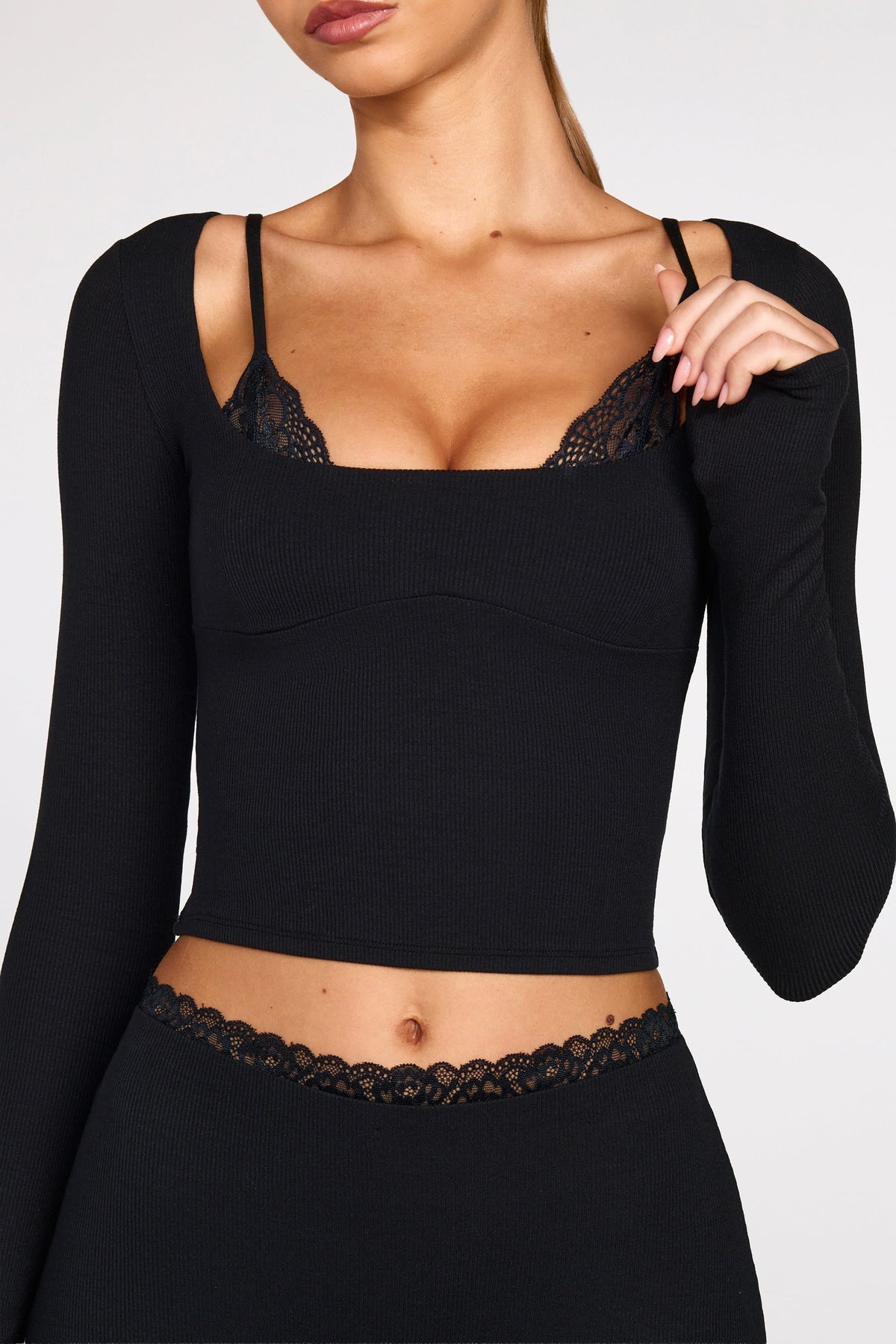 Ribbed Modal Long-Sleeve Laced Bra Top in Black