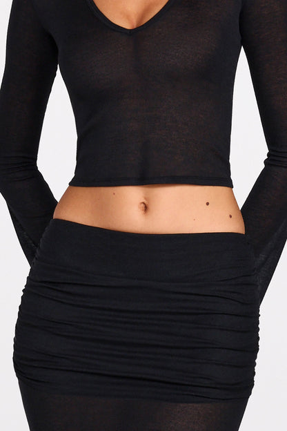 Sheer Jersey Low-Rise Draped Maxi Skirt in Black