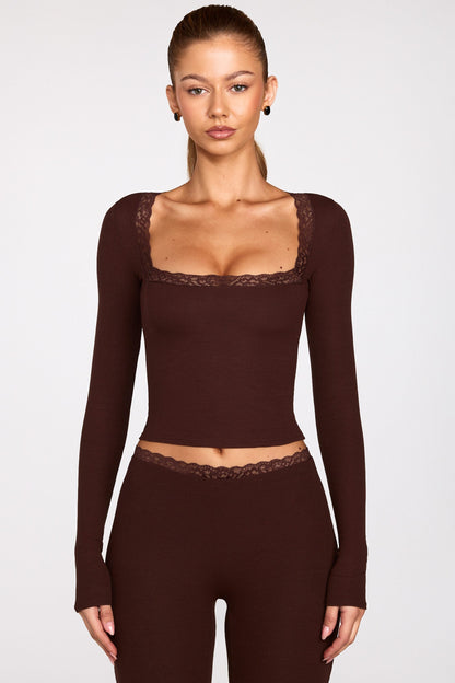 Ribbed Modal Square-Neck Long-Sleeve Top in Chocolate Brown