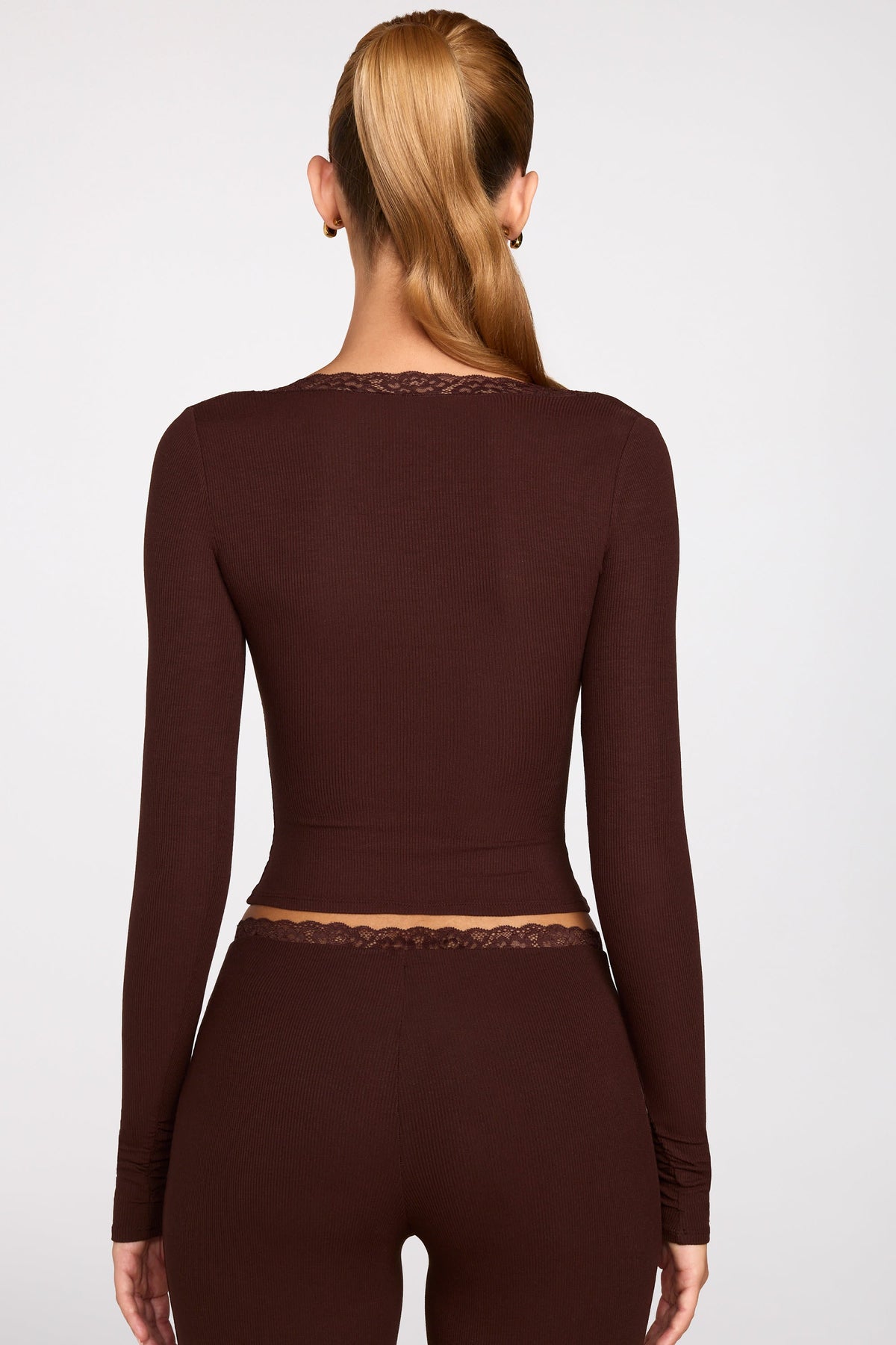 Ribbed Modal Square-Neck Long-Sleeve Top in Chocolate Brown