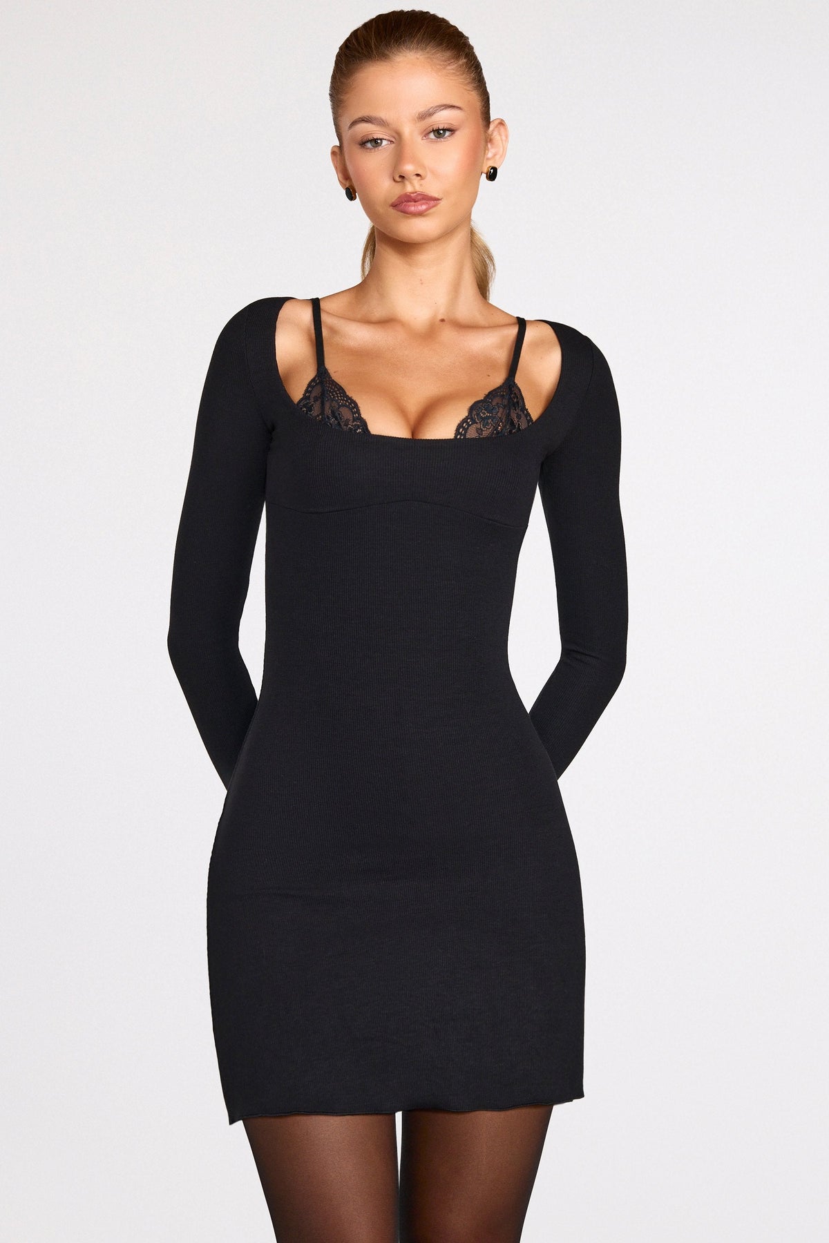 Ribbed Modal Long-Sleeve Laced Bra Mini Dress in Black