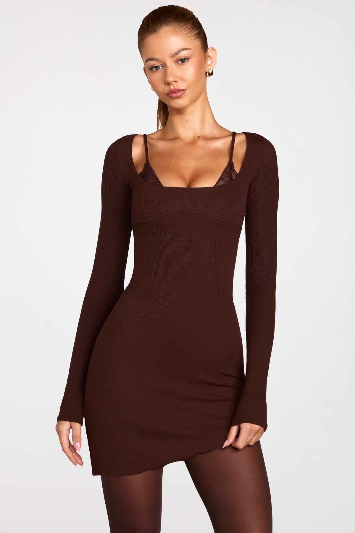 Ribbed Modal Long-Sleeve Laced Bra Mini Dress in Chocolate Brown
