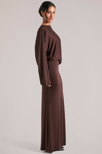 Long-Sleeve Draped Maxi Dress in Chocolate Brown