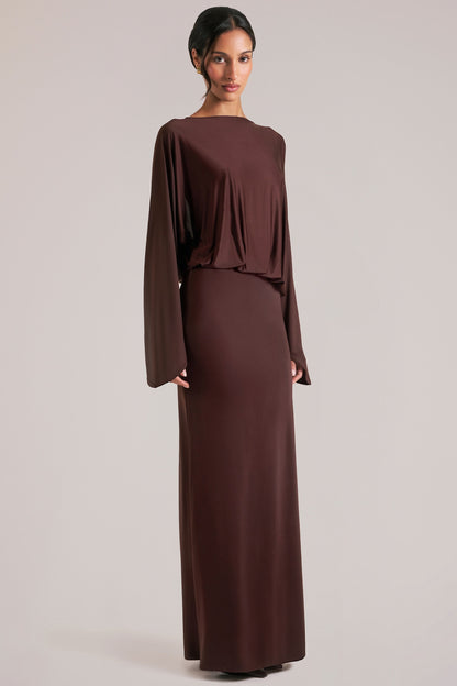 Long-Sleeve Draped Maxi Dress in Chocolate Brown