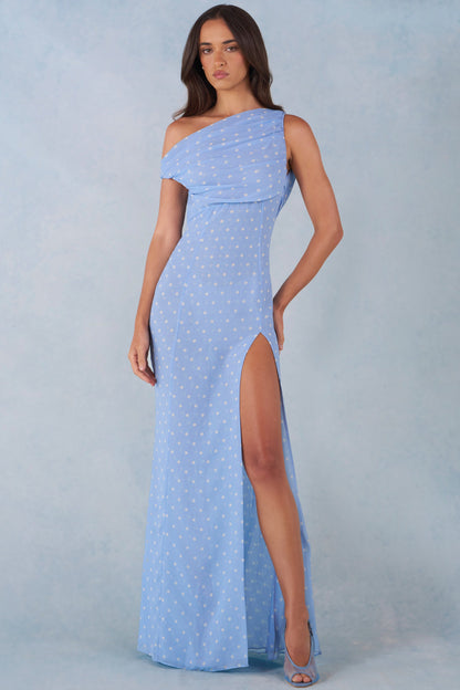 One-Shoulder Maxi Dress in Blue Polka Dot Print