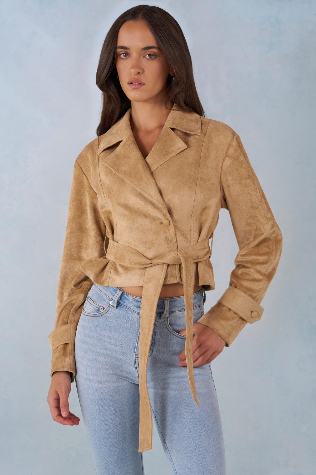 Faux Suede Cropped Belted Jacket in Tan