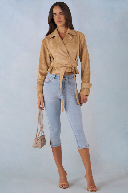 Faux Suede Cropped Belted Jacket in Tan