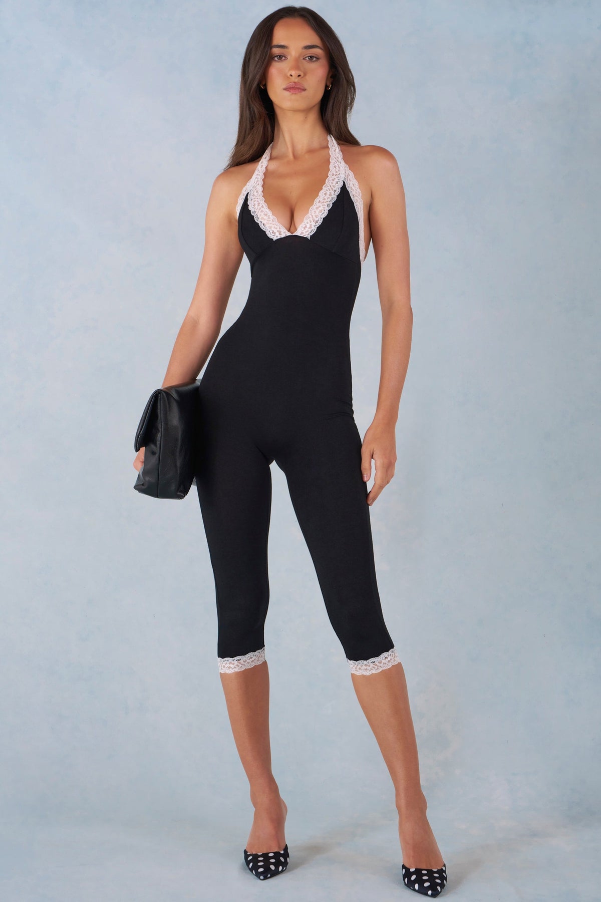Modal Lace-Trim Capri Jumpsuit  in Black