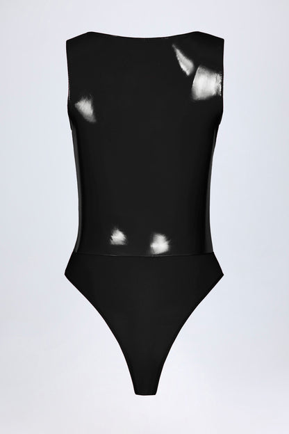 Glossy Vinyl Plunge-Neck Bodysuit in Black