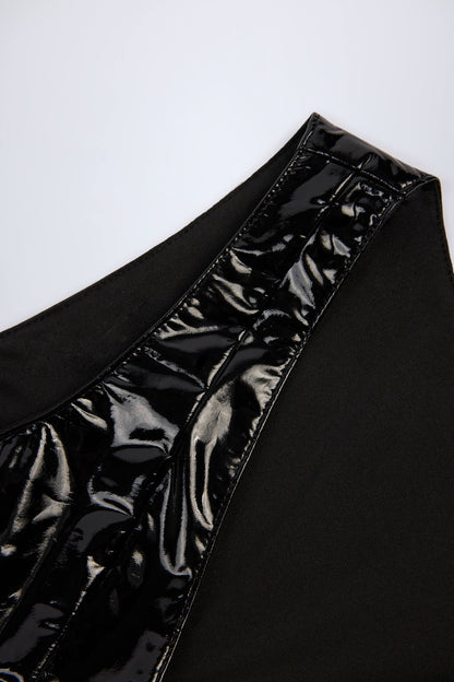 Glossy Vinyl Plunge-Neck Bodysuit in Black