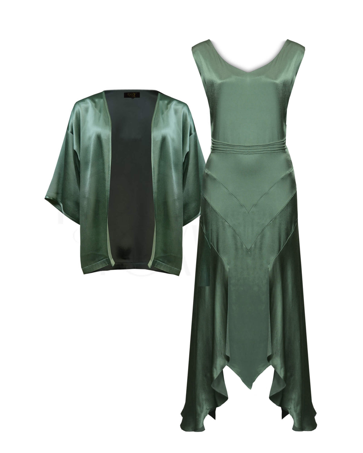1920s Sheba Evening Gown Set - Sage Satin