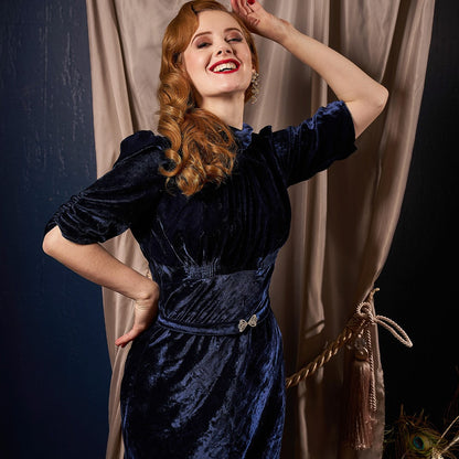 1930s Blue Velvet Loretta Bias Dress