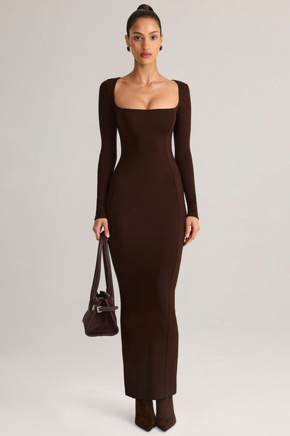 Modal Square-Neck Bodycon Maxi Dress in Chocolate Brown