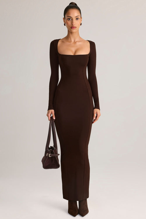 Modal Square-Neck Bodycon Maxi Dress in Chocolate Brown