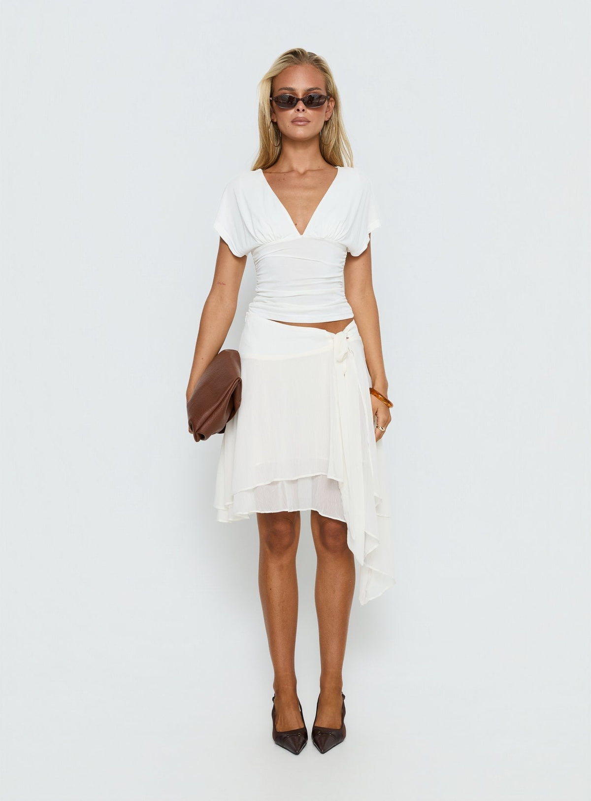 Mattey Cinched V Neck Top White