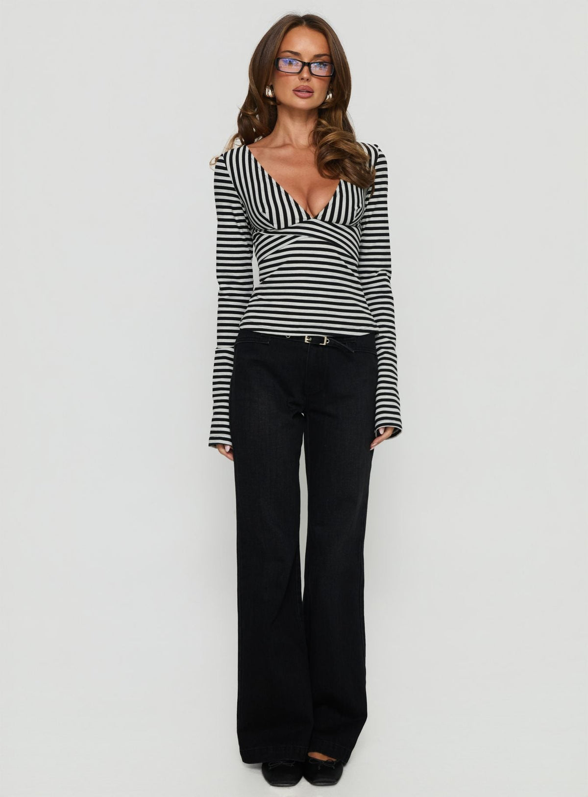 Madelon Long Sleeve Wrap Top Black / Grey Stripe