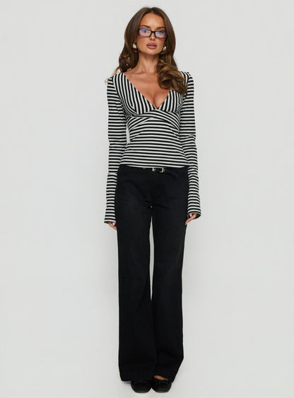 Madelon Long Sleeve Wrap Top Black / Grey Stripe