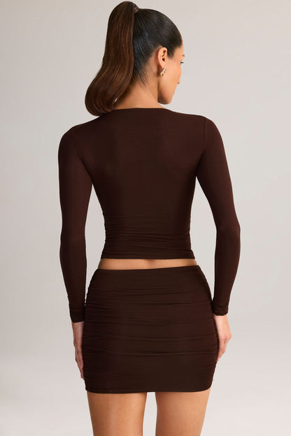Modal Ruched Mid-Rise Mini Skirt in Chocolate Brown