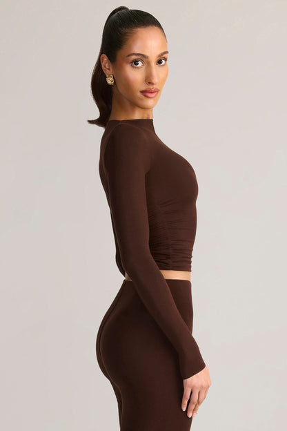 Modal Ruched Long-Sleeve Top in Chocolate Brown